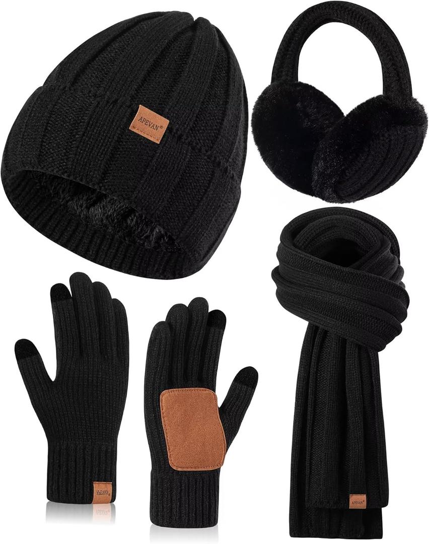 Winter Hat Gloves Scarf Earmuffs Set for Women, Fleece Lined Beanie Long Scarf Touchscreen Gloves Ear Warmer, 4 in 1 Gift Set (Black)