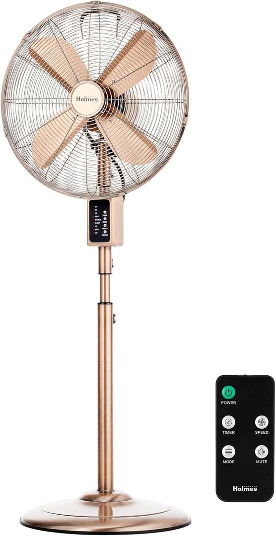 Holmes 16" Copper Digital Metal Stand Fan, 75 Oscillation, 3 Speeds, 4 Blades, 3 Modes, 7.5-Hour Timer, Adjustable Height, 20 Head Tilt, Ideal for Home, Bedroom or Office, Remote Control