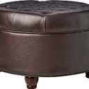 Homepop Home Decor | Button Tufted Faux Leather Round Storage Ottoman | Ottoman with Storage for Living Room & Bedroom (Distressed Brown)