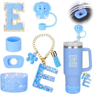 2 x Mity rain Cup Accessories Set for stanley 30 oz 40 oz tumbler with handle, Including Initials Charms, Straw Cover Cap, Boot, Sticker, Silicone Spill Proof Stopper,Blue Decorate for Boy Girl (Letter E)