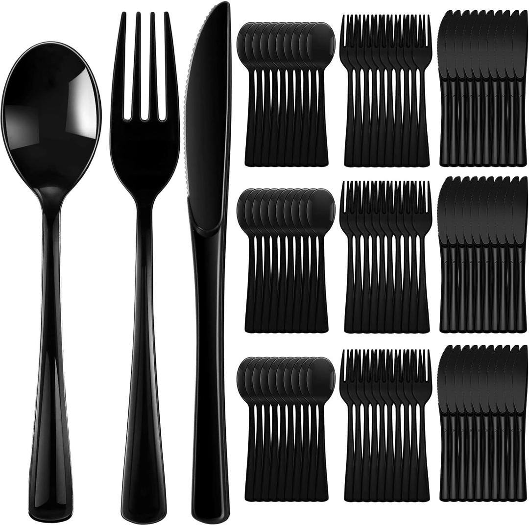 150 Pieces Disposable Cutlery Set Plastic Silverware Heavy Duty Utensil Sets 50 Forks 50 Knives 50 Spoons for Home Office School Party Picnics Restaurant Outdoor Events or Every Day Use (Black)