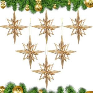 Soulchen 6 Pcs Gold Christmas Bethlehem Star Ornaments - 7.5'' Glitter Moravian Star for Christmas Tree Vintage Ornament for Xmas Tree Garland Holiday Party Decorations