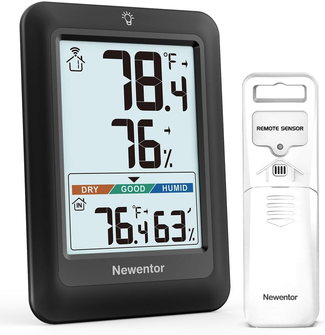 Newentor Indoor Outdoor Thermometer Wireless, Weather Stations Wireless Indoor Outdoor, Outdoor Thermometers for Patio House, Black with 1 Sensor
