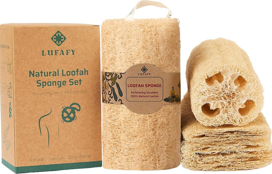 LUFAFY 5Pack (6") Natural Loofah Sponge, Exfoliating Body Scrubber for Shower, Luffa Sponge, Bath & Kitchen  Plant-Based