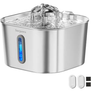 SARPAWS Cat Water Fountain Stainless Steel74oz/2.2L Water Fountains for Cats Indoor, Cat Fountains for Drinking, Ultra-Quiet, Water Level Window, Pet Water Fountain - 2 Filters + 2 Sponges