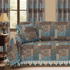 Loom and Mill Luxury Sofa Covers, Classic Patchwork Damask Jacquard Thick Chenille Couch Cover Furniture Protector with Lace Edge and Handmade Tassels for Pet, Dogs and Cats (Blue, 71x118 inch)