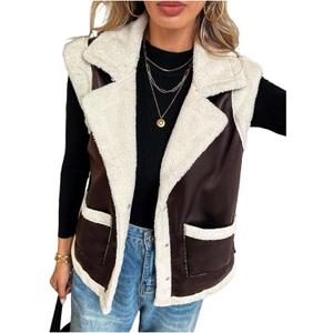 MakeMeChic Women's PU Leather Fuzzy Vest Open Front Sleeveless Pocket Warm Jacket