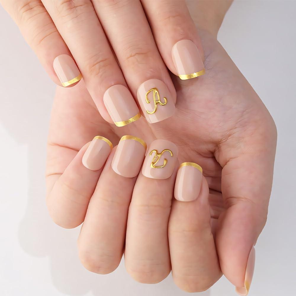Evpct Initial Letter French Tips Press On Nails Short Square for Women Gift, Nude + Gold Tip, Glossy Soft Gel Press Stick on Nail with Nail Kit, 3D Design Full Cover Reusable Acrylic Fake Nails Kit