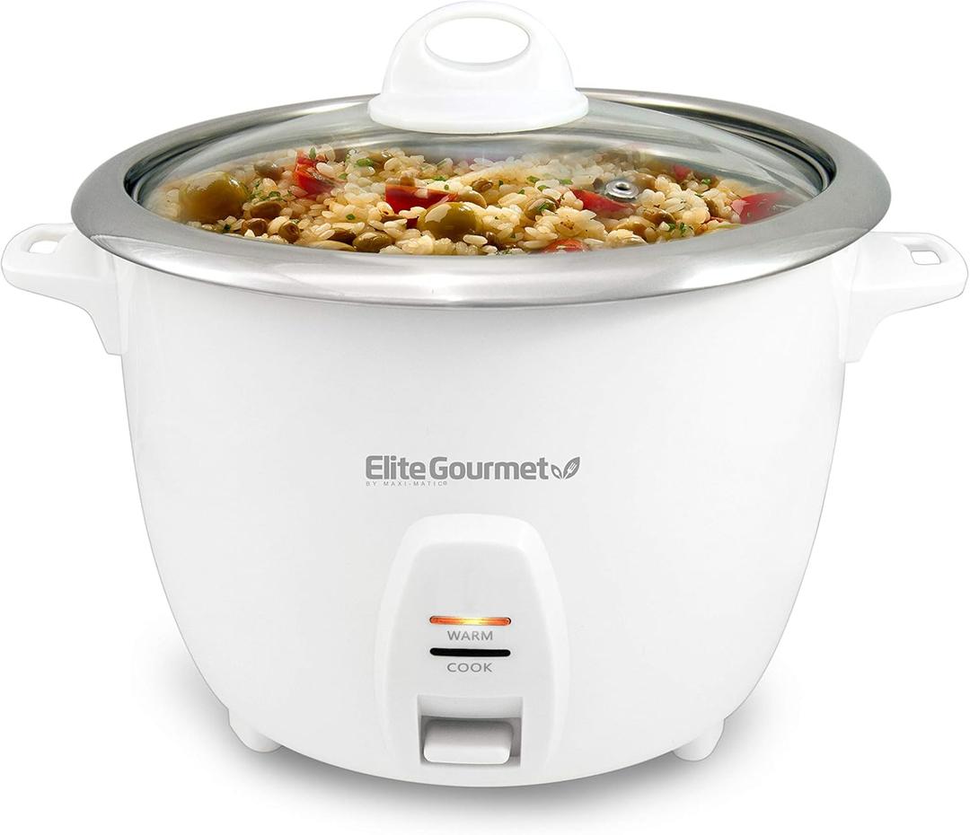 Elite Gourmet ERC-2010 Electric Rice Cooker with Stainless Steel Inner Pot Makes Soups, Stews, Grains, Cereals, Keep Warm Feature, 10 Cups Cooked, White