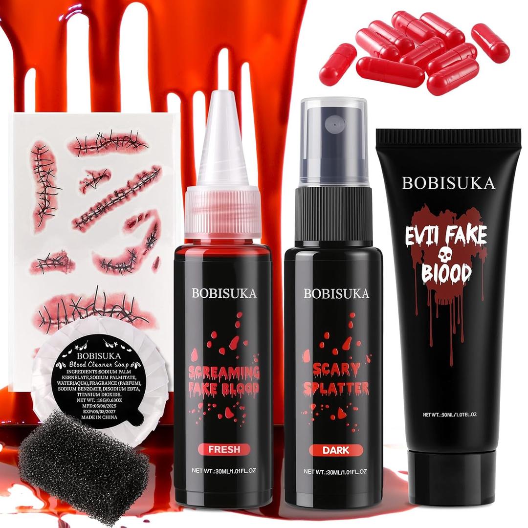 BOBISUKA Halloween Makeup Fake Blood Kit- Washable Dark Spray + Fresh Dripping + Blood Thick Gel, Blood Capsule, Stipple Sponge & Soap, Realistic Scar Tattoo for SFX Zombie Clown Mouth Clothes