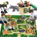 FRUSE Safari Animals Figures Toys w/ 57”x38.5”Jumbo Play Mat, 12PCS Realistic Jungle Wild Zoo Animals Figurines Playset with Panda, Lion, Elephant, Educational Learning Toys for Toddlers Kids