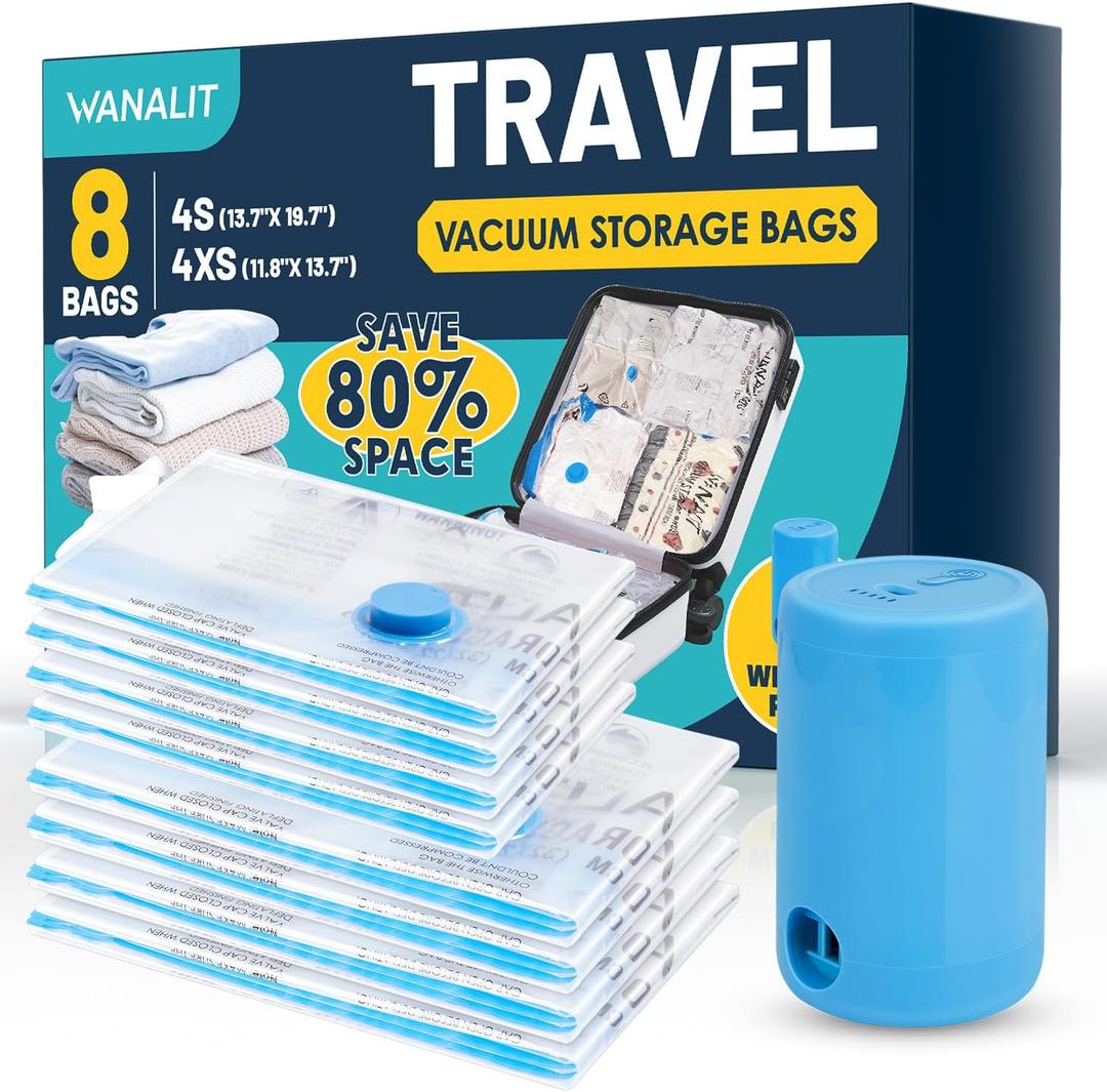 Vacuum Storage Bags for Travel, 8 Pack (4S+4XS) Vacuum Seal Bags with Wireless Rechargeable Electric Pump, Travel Essentials Space Saving Compression Bag for Clothes, Luggage, Suitcase, Backpack, Trip