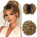 RUWISS Claw Clip Messy Bun Hair Piece Real Human Hair Buns Wavy Curly Chignon Bun Extensions Tousled Updo Claw Clip Ponytail for Women (12H24# Medium Auburn/Blonde)