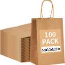 100 Pack 5.8x3.2x8.25 Inch Brown Kraft Paper Gift Bags with Handles - Bulk Small Plain Natural Bags for Birthday Party Favors, Grocery, Retail Shopping, Wedding, Craft, Goody, Takeouts, and Business