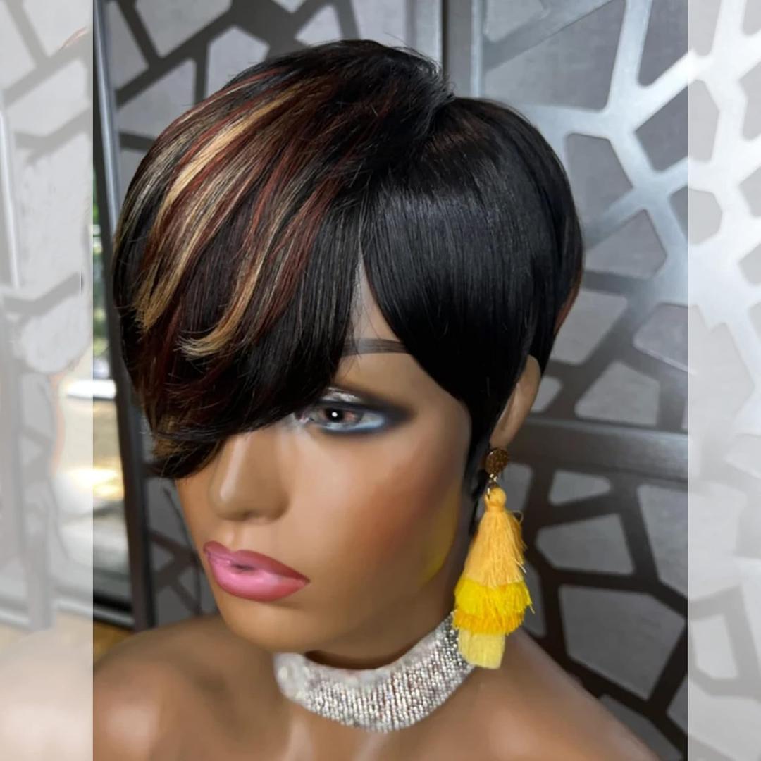 Pixie Cut Wigs Human Hair Short Human Hair Wigs For Black Women Glueless Wigs Pre Plucked Short Curly wigs With Bangs For Daily Use Natural Black Color No Glue F1b279
