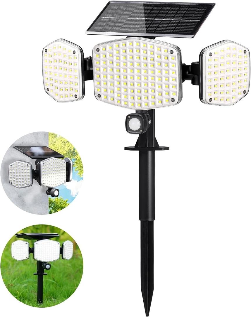 Solar Motion Lights Outdoor with Stake, 208 LED Super Bright 270 Illumination Security Flood Lights for Outside Garden Porch Pathway, 3 Modes, IP65 Waterproof, In-Ground or Wall Mount (Pack of 1)