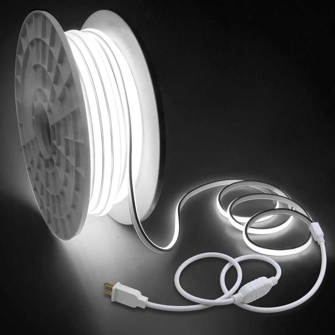 200FT COB Led Strip Lights Outdoor Plug in LED Rope Light for Outside Waterproof 1 Roll Bright White AC 110~120V High Voltage 288Leds/M 6000K 60M Flexible COB LED Light for Decor
