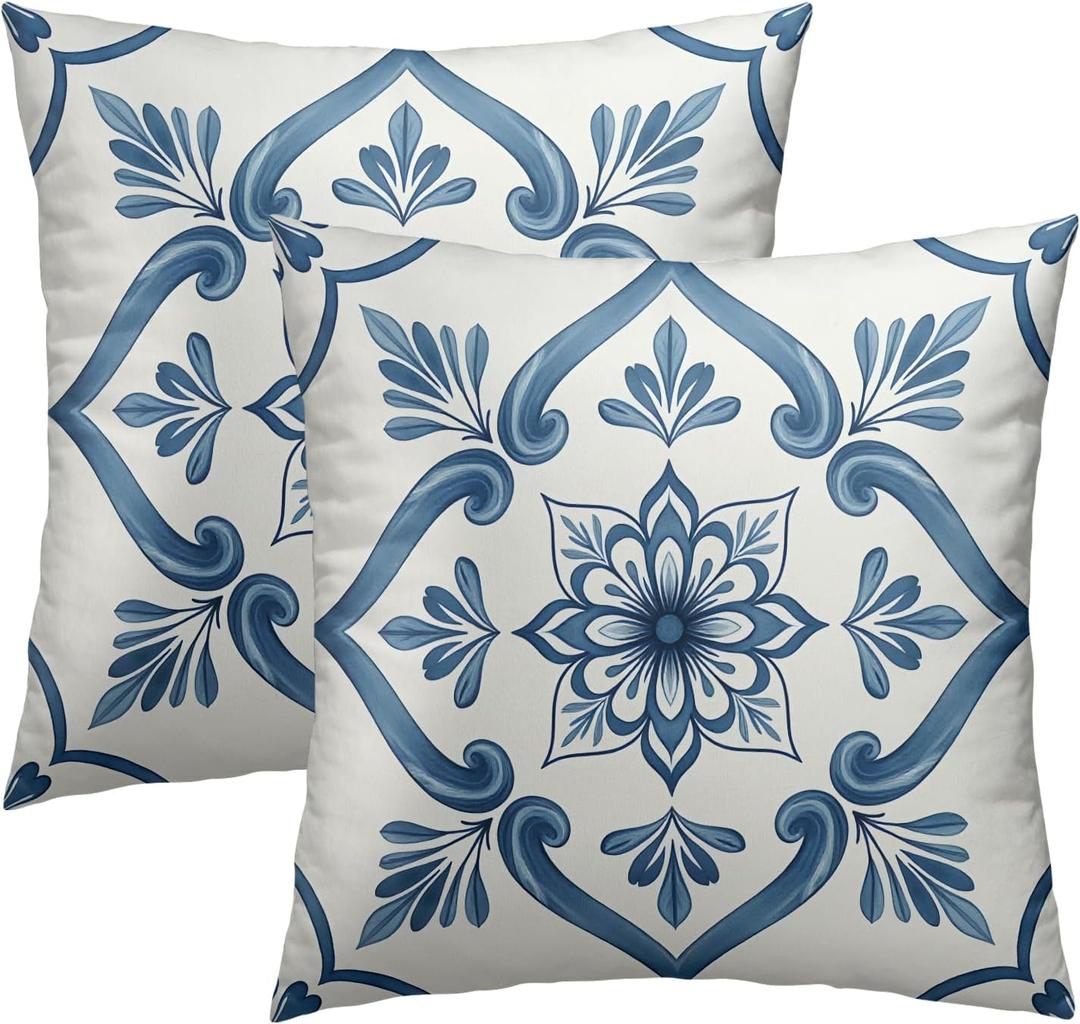 Cafl Boho Geometric Floral Throw Pillow Covers Blue and White Square Pillowcases Cushion Cover 18x18 Inch for Room Sofa Chair Bed Home Decor Set of 2