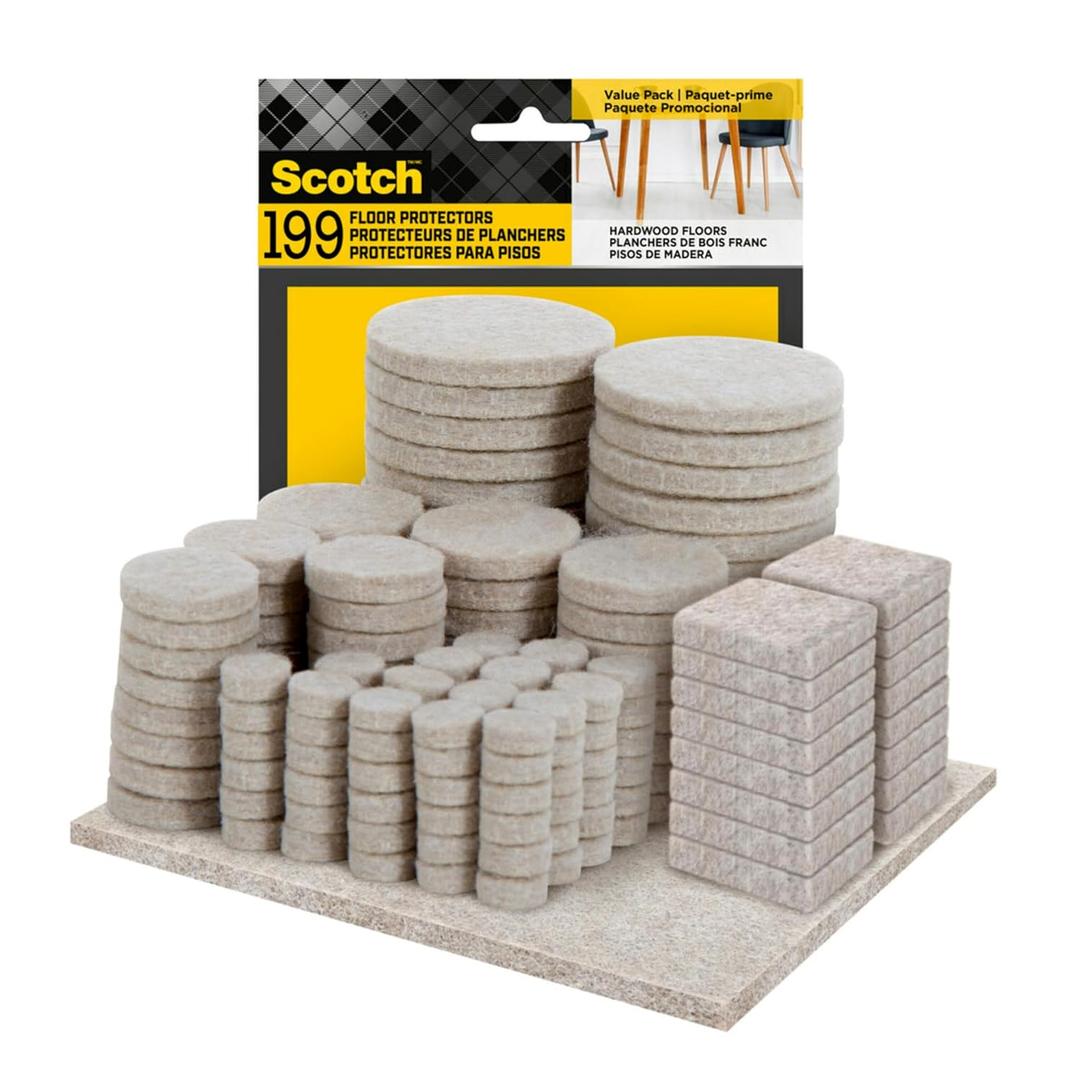 Scotch Felt Pads 199 PCS Beige, Felt Furniture Pads for Protecting Hardwood Floors, Round, Assorted Sizes Value Pack, Self-Stick Design, Protecting from Nicks, dents and Scratches (FP845-199NA)