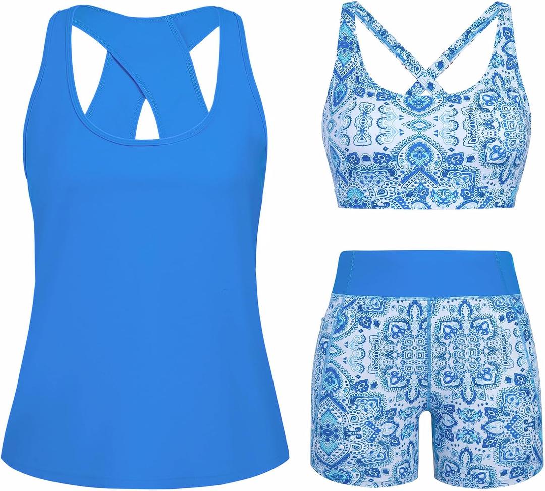 HUSKARY 3 Piece Tankini Swimsuits for Women Swim Tank Top with Bra and High Waist Boy Shorts with Pockets (Blue, XL)