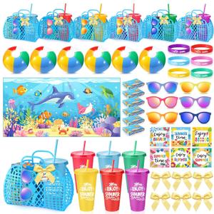 Honeydak 6 Set Summer End of Year Gift Pool Party Favors for Kids Jelly Basket Tumbler Cups Beach Balls Wristbands Gift Cards Beach Towel Bulk for Student Pool Birthday Party Decor Summer Graduation