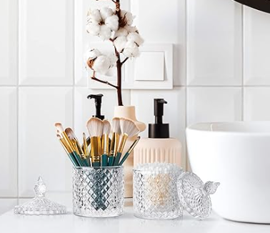 Aoriher 2 Pcs Crystal Glass Candy Jar Set with Lids Home Decorative Storage Jars for Apothecary, Bathroom, Kitchen, and Pantry, Ideal for Cotton Swabs and Jewelry (Medium, Clear)