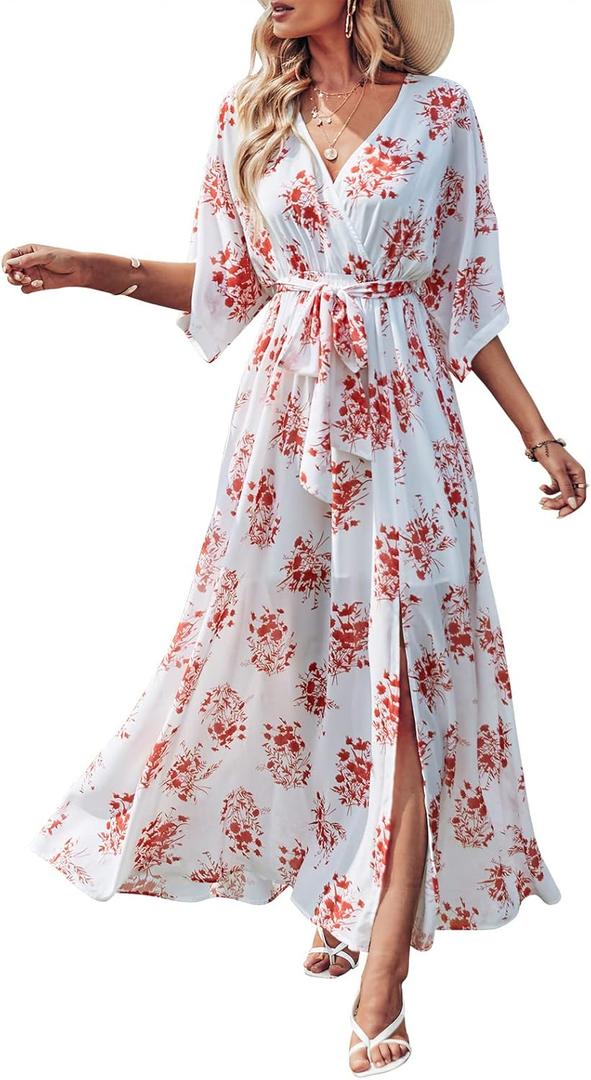 ANRABESS Womens Summer Loose Boho Flowy Wrap V Neck 3/4 Sleeve Floral Print Slit Beach Wedding Guest Long Maxi Dresses 
XL
