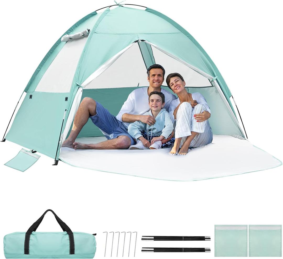 Beach Tent for 3-4 Person, Large Easy Setup Beach Shade Canopy with UPF 50 UV Protection, Portable Shade Tent with 3 Ventilating Mesh Windows for Outdoor, Picnics, Fishing