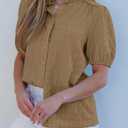 EVALESS Womens Button Down Shirts Cute Short Puff Sleeve V Neck Tops Spring Summer Blouses for Women Dressy Casual (L)