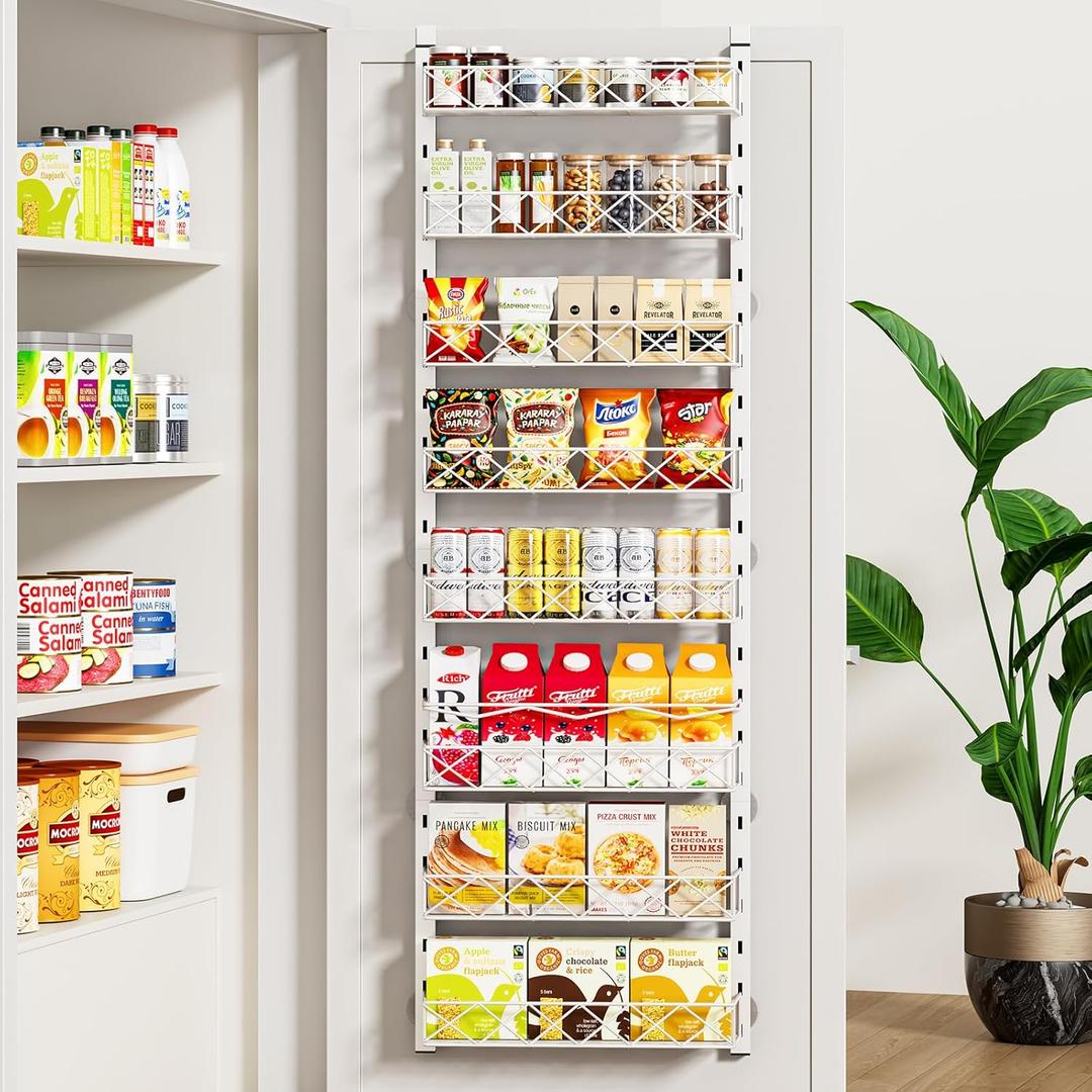MIAOLI Over the Door Organizer, White 8-Tier Pantry Door Organizer with Adjustable Basket, Hanging Spice Rack Cabinet Door Shelves, Laundry Room Organization and Storage, 8-Tier, White