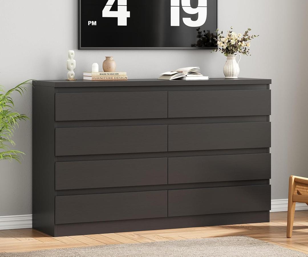 Modern Black 8 Drawer Dresser for Bedroom, 15.3" D x 55.2" W x 32.3" H Simply Chest of Drawers, Wood Storage Dresser with Deep Drawers for Living Room Hallway Entryway, Black