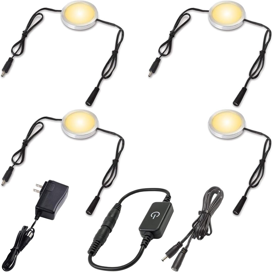 LED Bookcase Lights, Curio Under Cabinet Display Lighting, Daisy Chained Linkable Puck Light Strip, 120V Electric Plug in, Inline Touch Dimmer Black Cord, 4 Lights, Warm White 2700K