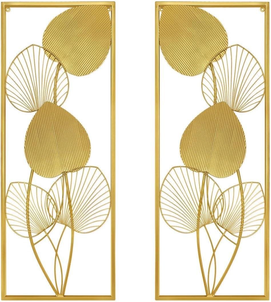 2 Pieces Metallic Leaves Wall Decors Luxury Golden Metal Art Wall Sculptures 32" X 12" Modern Wall Hanging Sculptures with Frame for Bedroom Living Room Kitchen Dining Room Office