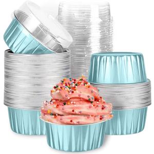 Mini Aluminum Foil Cupcake Baking Cups with Lids (40pcs, 5oz) Round Cupcake Foil Liners Tart Pie Tin Pan Holder - Disposable Mini Cake Containers Flan Molds for Pudding, Souffle, Party, Wedding (Blue)