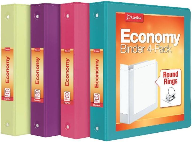 Cardinal 3 Ring Binders, Binders for School and Office, Durable 1.5 Inch, Round Rings, Holds 350 Sheets, ClearVue Presentation View, Non-Stick, Assorted Bright Colors, 4 Pack 