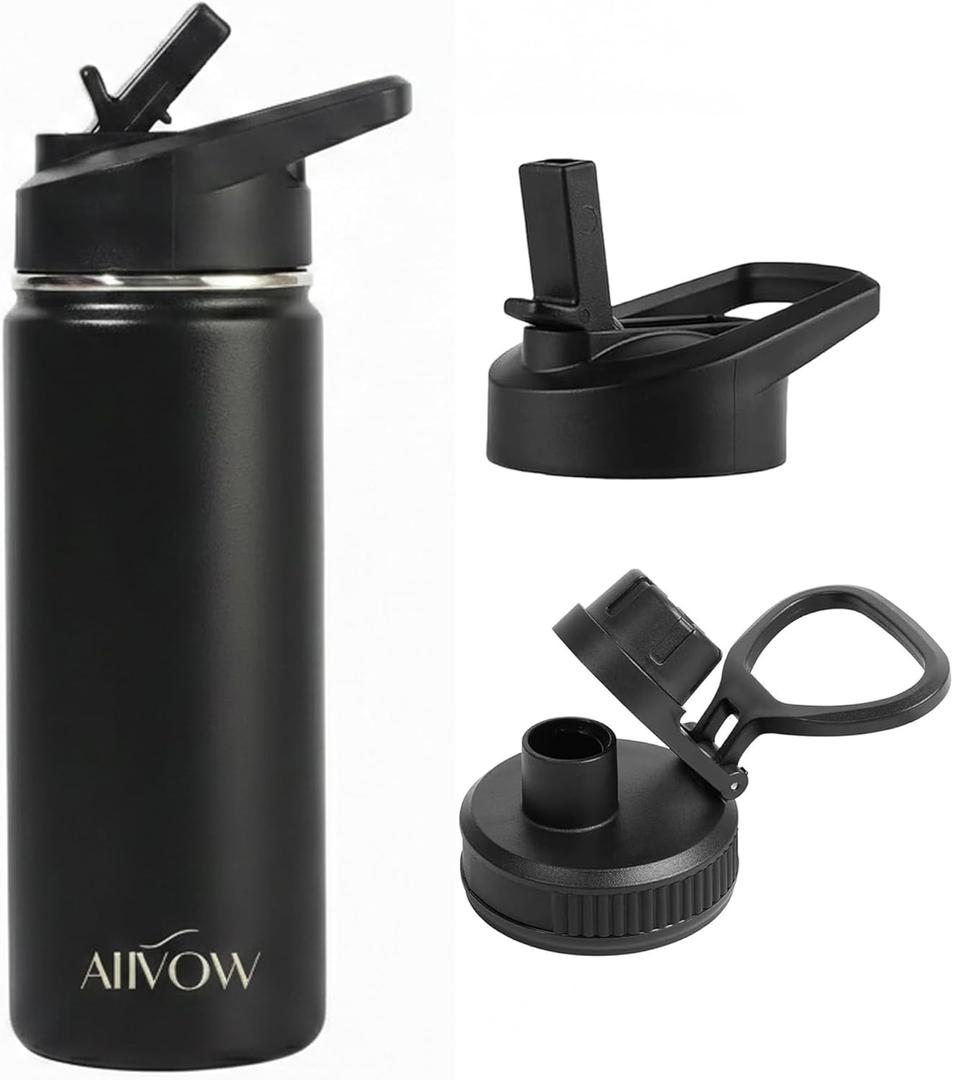 Insulated Water Bottle 32 oz with Straw, Metal Vacuum Stainless Steel Water Flask, Leak Proof & BPA-Free Sports Mens Water Bottle (2 Lids) for Gym,Hiking,Travel, Black