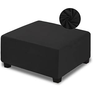 NeColorLife Velvet Ottoman Cover Square, Stretchable Slipcover with Elastic Band for Oversized Footrest Stool Ottoman (XX-Large, Black)