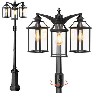 Outdoor Lamp Post Motion Sensor, Dusk to Dawn Pole Lights 3-Head, Classic Black 360Detection Waterproof Anti-Rust Aluminum Street Lighting for Yard Backyard Patio Driveway, 87.5in