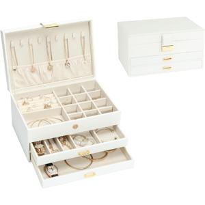 Jewelry Organizer Box for Women Girls, 3-Layer Jewelry Case with 2 Drawers Jewelry Storage Box for Ring Earrings Bracelets Necklaces(White)