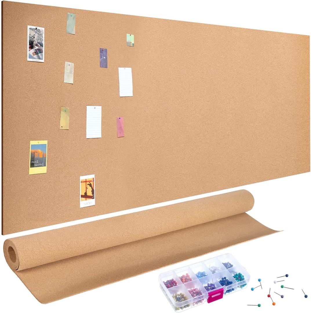 Seajan 3mm Cork Board roll 4 x 8 ft Thick Cork roll for Walls with 500 Multicolor Push Pins Brown Board Multipurpose for Crafts Bulletin Board Photo Organize Decor Office Home School Supplies