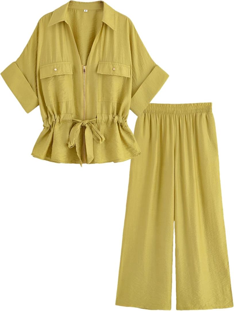Mingzhu Women's 2 Piece Linen Outfits Short Sleeve Zipper Drawstring Waist Safari Shirts Wide Leg Pants With Pockets (Yellow), XL