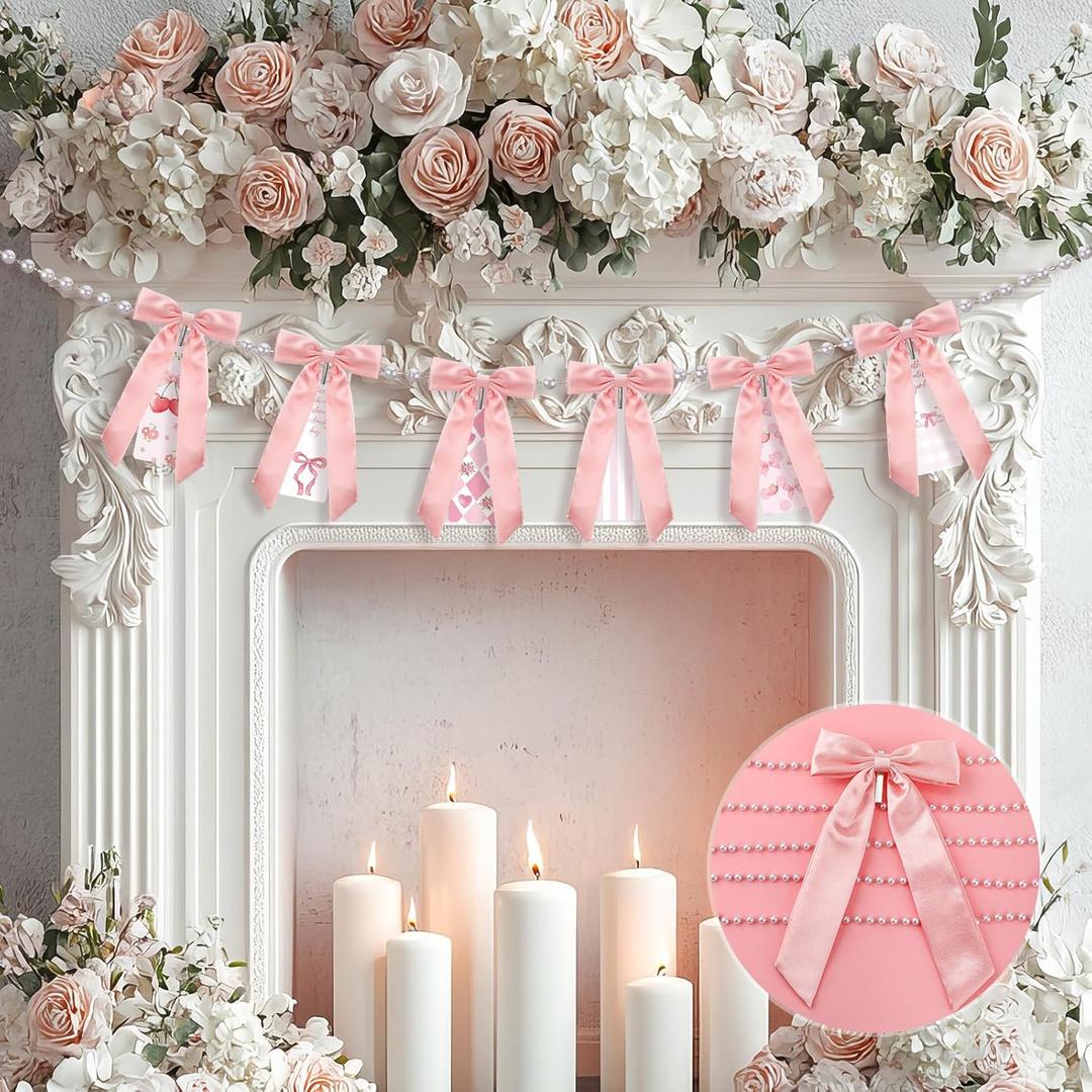Oudain Bows Garland with Pearl for Wedding Coquette Party Decorations, Bachelorette Birthday Party, Bow Decor Banner for Bridal Shower Favors Supplies Engagement Supplies(Pink,Silk)