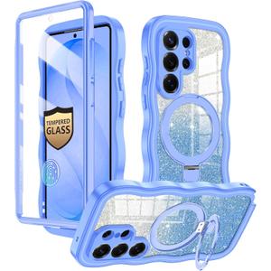 for Galaxy S26 Ultra Case, [Cute Wavy] [Magnetic Stand][Fit for MagSafe][Glitter Card][Built-in 9H+ Screen Protector] Military-Grade Drop Proof Shiny Cover for Samsung Galaxy S26 Ultra,Blue
