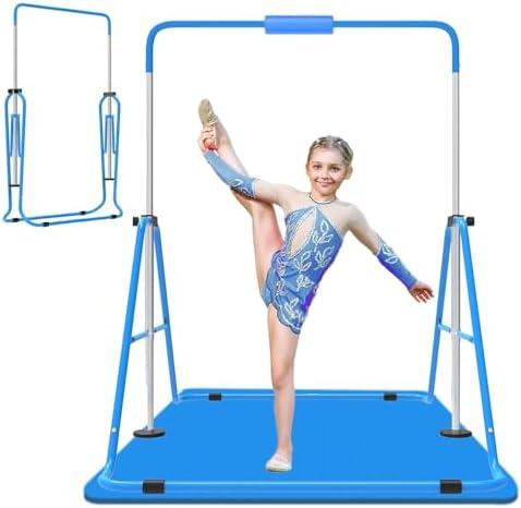 Jivifao Gymnastics Bar for Kids, Adjustable Height Gymnastic Horizontal Bars with Mat, Folding Gymnastic Training Monkey Bars, Junior Expandable Training Kip Bar for Home