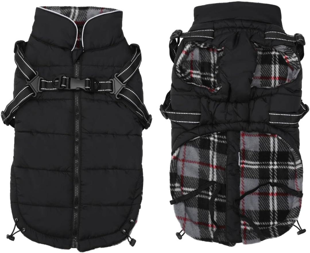 Geyecete Winter Warm Coat Waterproof Dog Jacket with Harness Traction Belt, Pet Outdoor Jacket - Black - L