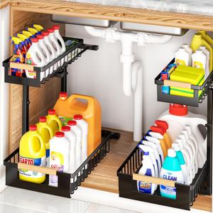 Under Sink Organizer, L-Shape 2 Tier Pull Out Cabinet Organizer with Adjustable Height, Metal Sliding Storage Rack for Kitchen Bathroom Pantry, Black, 2 Pack