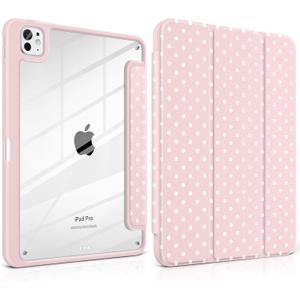 Case for iPad Pro 13 Inch (M5 2025 M4 2024) – [Built-in Pencil Holder], Shockproof & Stylish, Clear Hard Back + Soft TPU Edge, Magnetic Trifold Stand, Auto Wake/Sleep, Pink White dot
