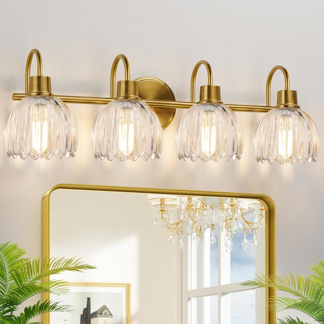 4-Light Bathroom Light Fixtures, 27" Brushed Gold Vanity Lights for Bathroom with Ribbed Clear Tulip Glass Shade, Vintage Bathroom Vanity Lighting Fixtures Over Mirror for Bedroom Living Room Hallway