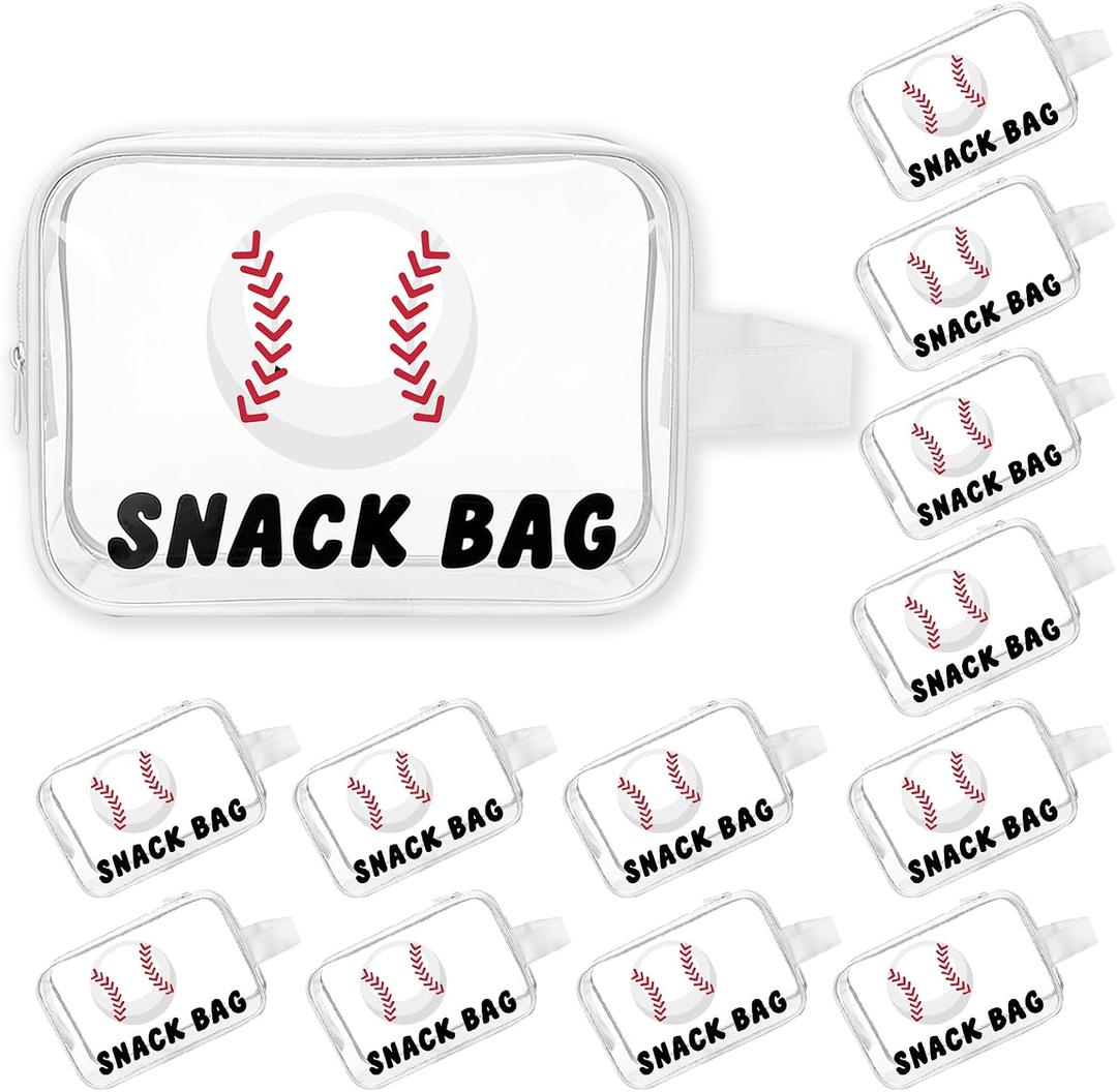 12-Pack Baseball Snack Bags with Handles, Clear PVC Waterproof Reusable Zipper Pouches, Stand-Up Treat Goody Bags for Sports Team Practice Game Day Party Favors, Gifts for Coaches Players Fans, Tailgate Essentials