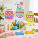 Easter Decorations for Home,3Pcs Egg Shaped Wooden Table Centerpiece Signs with Rabbit EarColorful Easter Egg Tiered Tray Decor for Home Farmhouse Kitchen Decorations